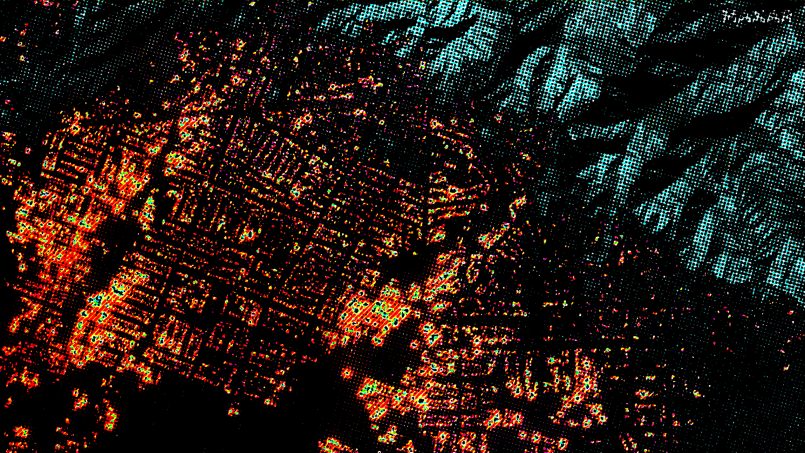A bird's eye view of the Altadena, California wildfires of 2025. It is rendered in screentones. The lower-left half of the map is ablaze.